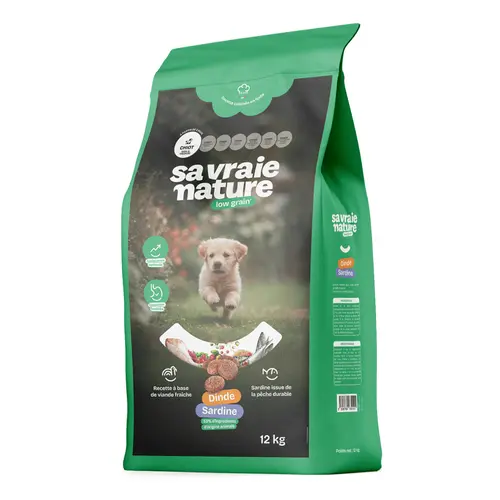 Croquettes chiot mini-medium dinde & sardine réduites en céréales Sa Vraie Nature - 12 kg