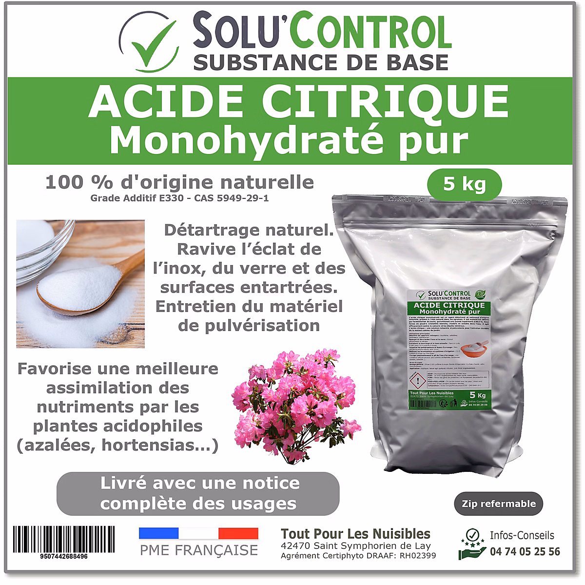 Acide citrique monohydraté pur 5 kg – 100% d'origine naturel, Nettoyer, détartrer, raviver l'inox et corriger le pH