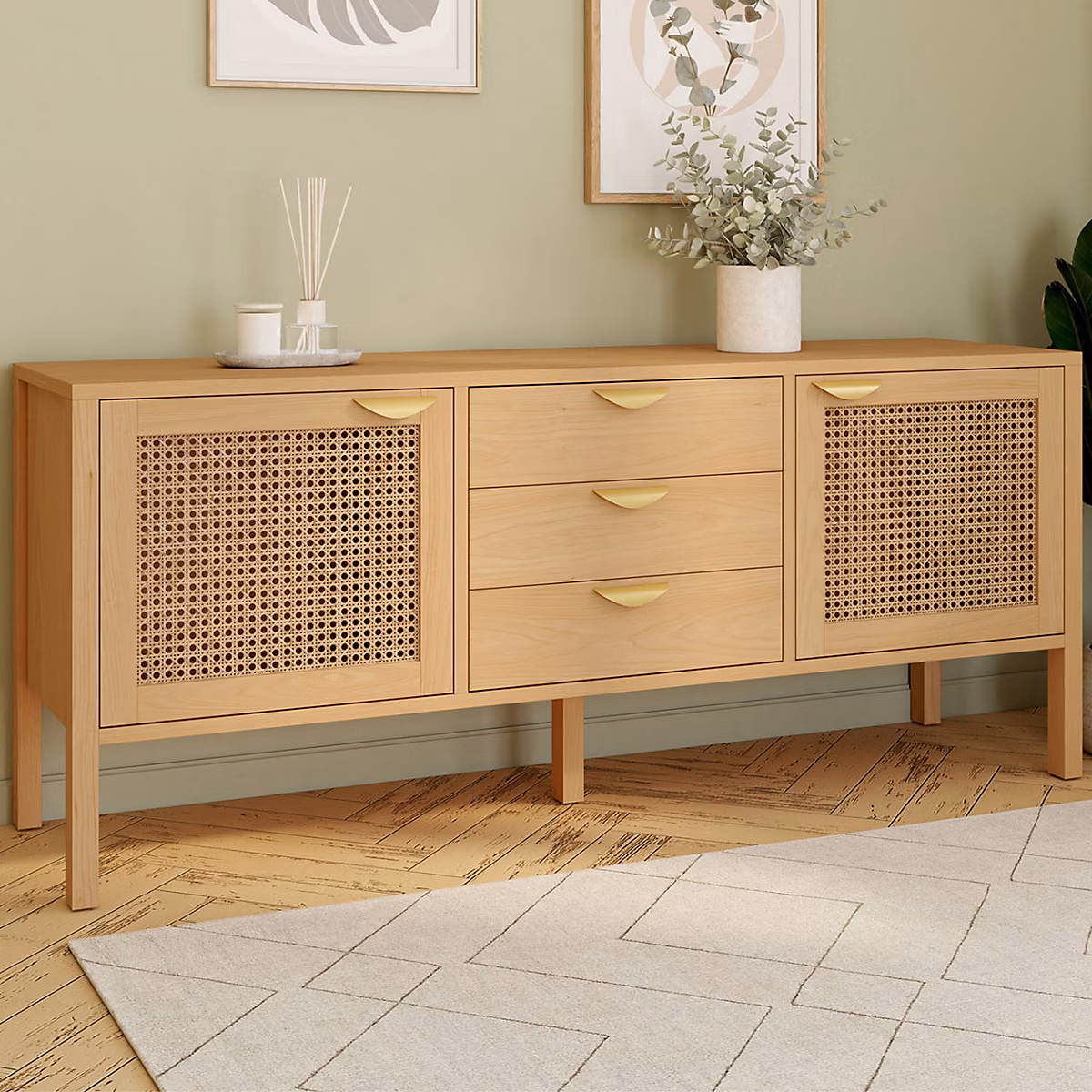 Meuble – Buffet bas 140 cm EDHEN 2 portes et 3 tiroirs bois et cannage