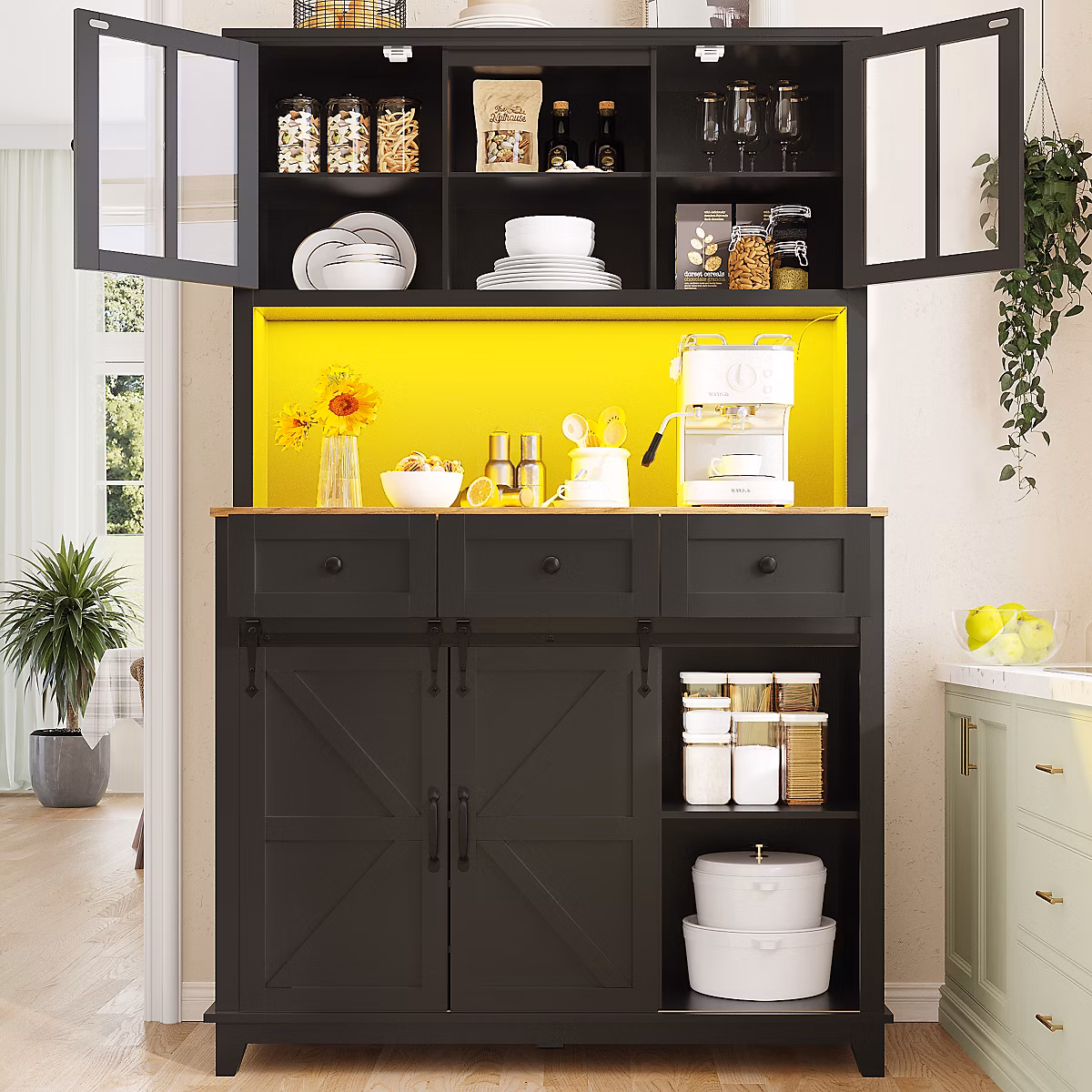 Buffet de cuisine 105 cm en MDF noir avec portes vitrées et éclairage LED – Réf. HIPLHWMHW8834261752