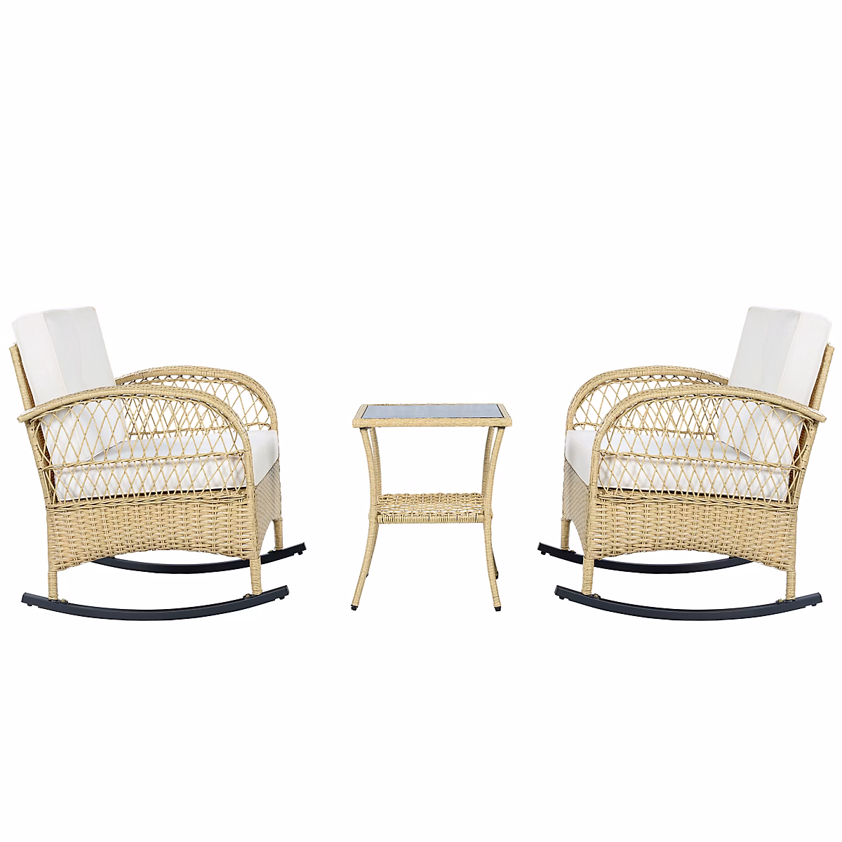 Ensemble table et chaises de jardin 2 places en rotin – acier | polyester et verre avec coussins beige