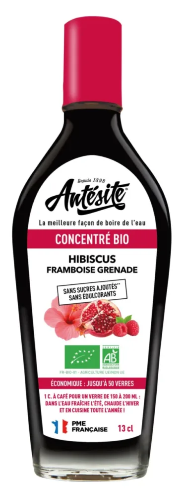 Concentré bio Hibiscus Framboise Grenade Antésite - Bouteille de sirop de 13 cl