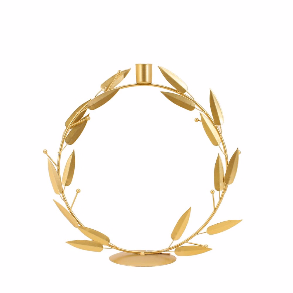 Objet décoratif – Bougeoir rond feuilles dorées 30cm