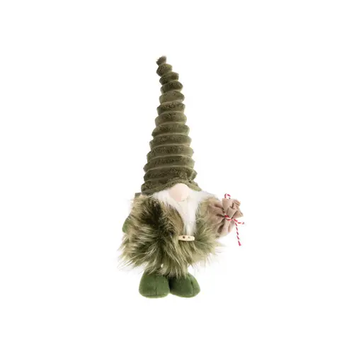 Gnome vert et brun debout avec hotte en jute petit modèle - 41 cm