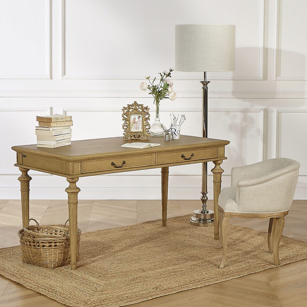 Bureau YVAN Style shabby chic – plateau en chêne, 2 tiroirs