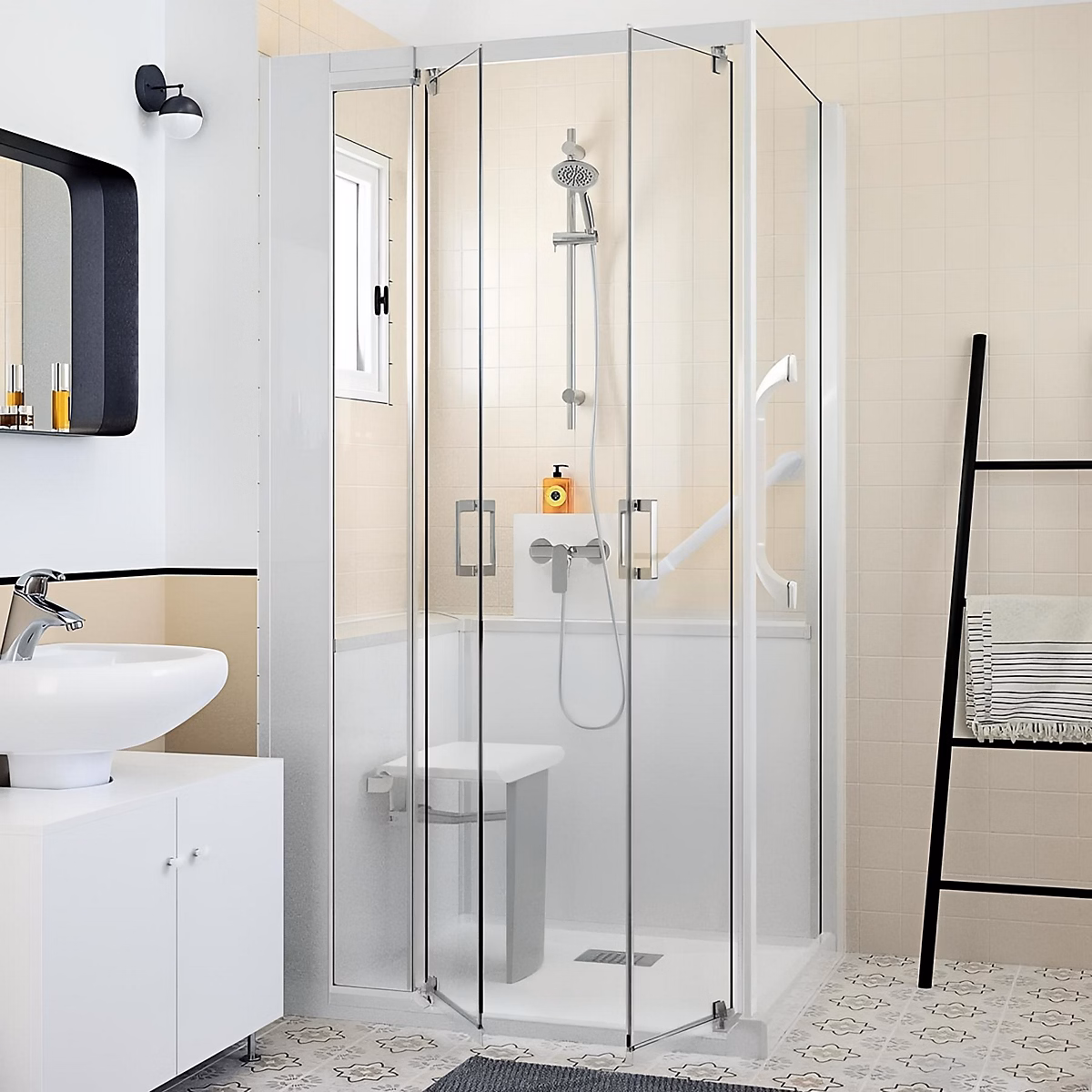 Cabine de douche Kinedo Kinemagic Design 120 × 70 angle mixte pivotante verre transparent avec mitigeur