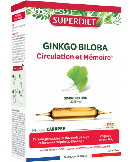 Ginkgo Biloba Bio 20 ampoules de 10ml Superdiet