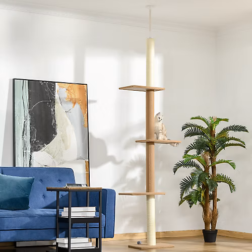 Arbre à chat PawHut 228 à 260 cm réglable en hauteur avec griffoirs jouets et plateformes couleur kaki | Chat