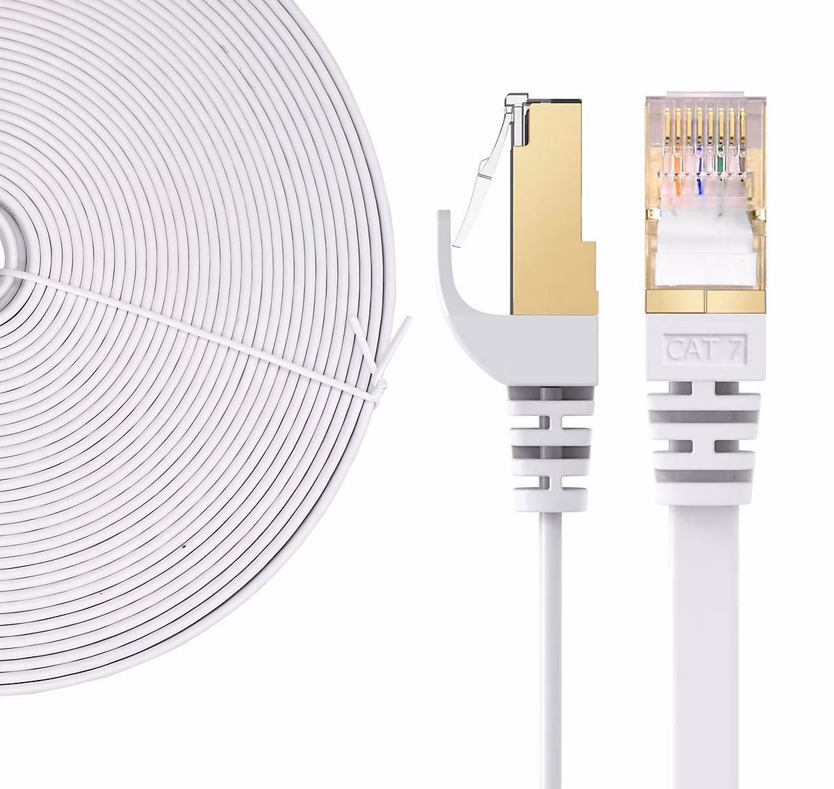 Elfcam – 12m Câble Ethernet RJ45 Cat7 Flat Blanc, 10Gbps 600MHz, Cuivre, SFTP, Anti-Bruit, PC, Modem, Routeur