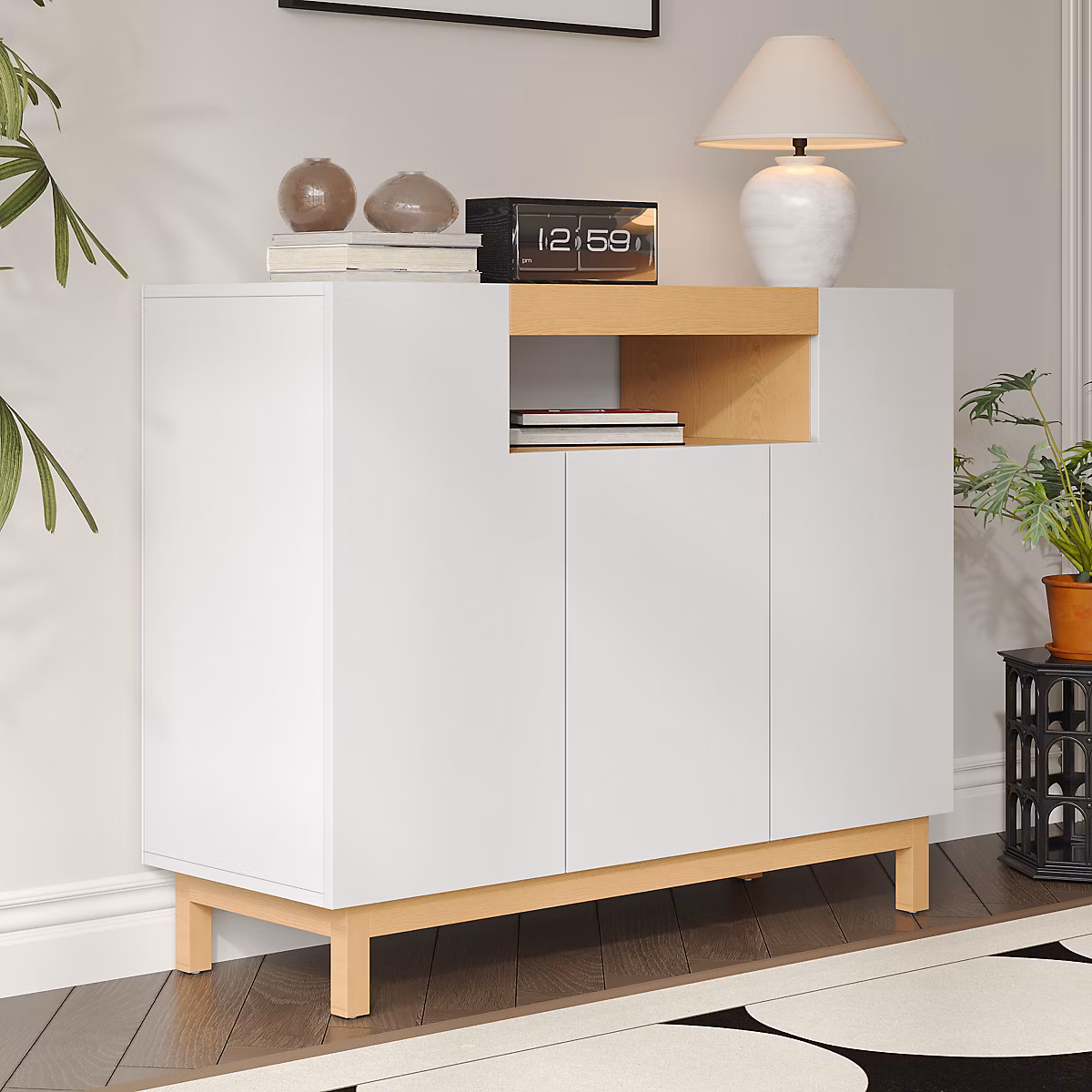 Buffet 120 | 5 × 42 × 96 cm – Avec 3 portes – étagères ouvertes – panneaux de particules – blanc