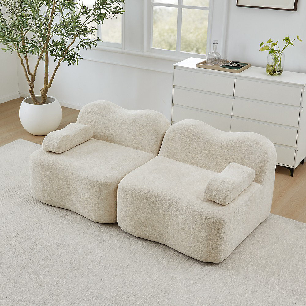 Canapé modulaire 2 places – beige,forme ondulée,coussins profonds,accoudoirs mobiles