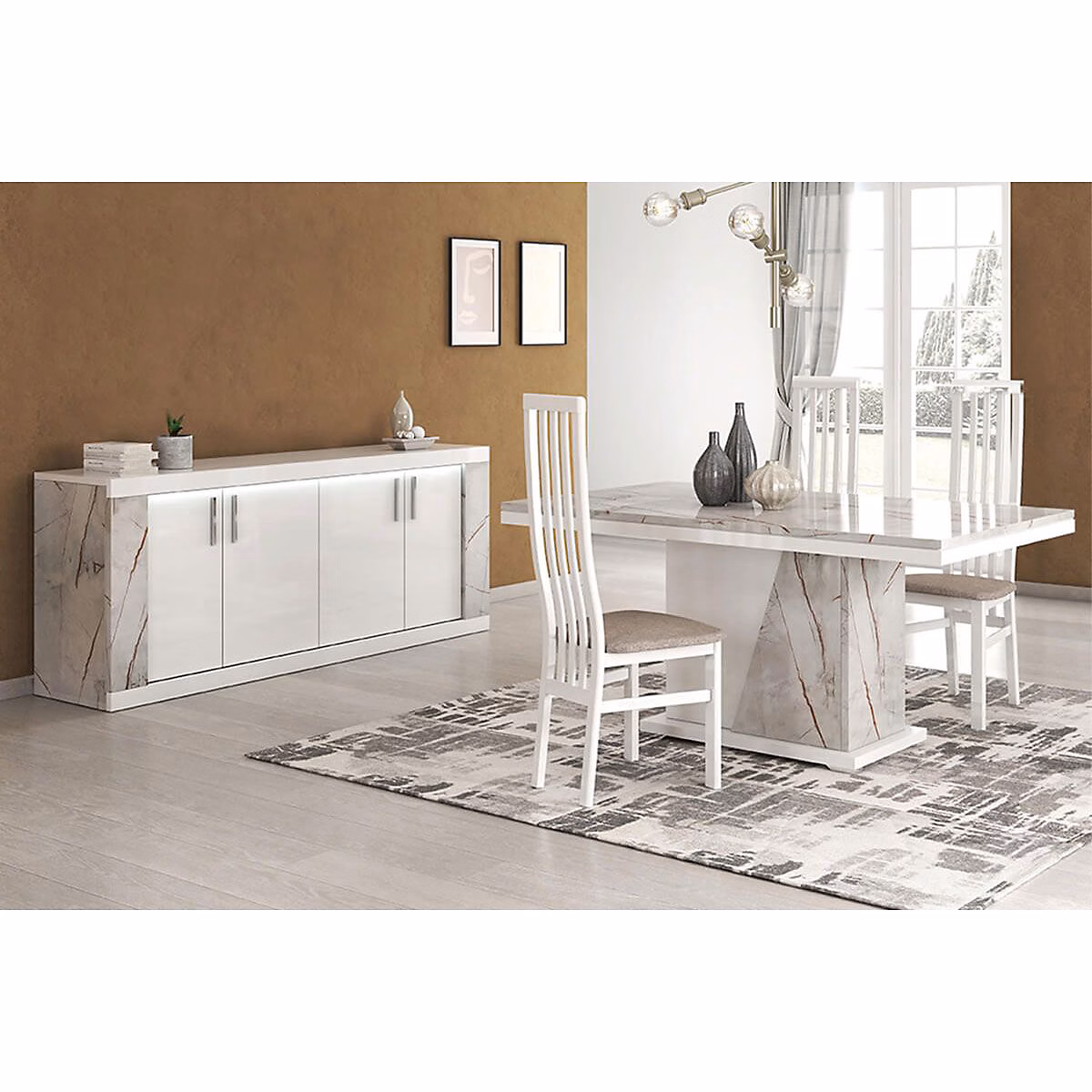 EROS – Ensemble Séjour Table Repas + Buffet 4 Portes Eclairage Led intégré