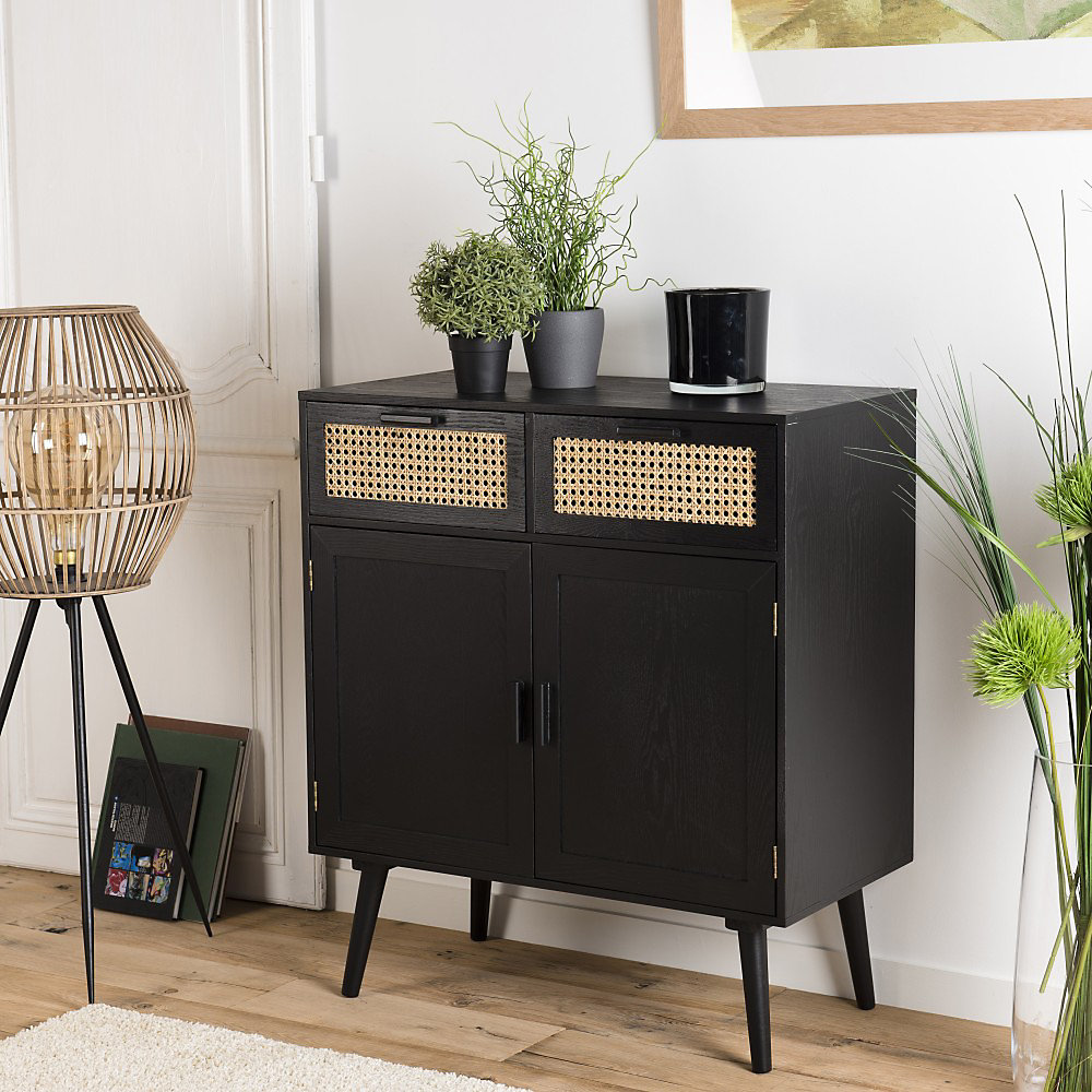 Buffet en bois 2 portes 2 tiroirs cannage noir – Réf. ZMOBAOYNB6318396473