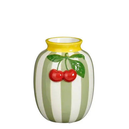 Vase rayé blanc et vert clair avec cerise - 13 x 12 x 15,5 cm