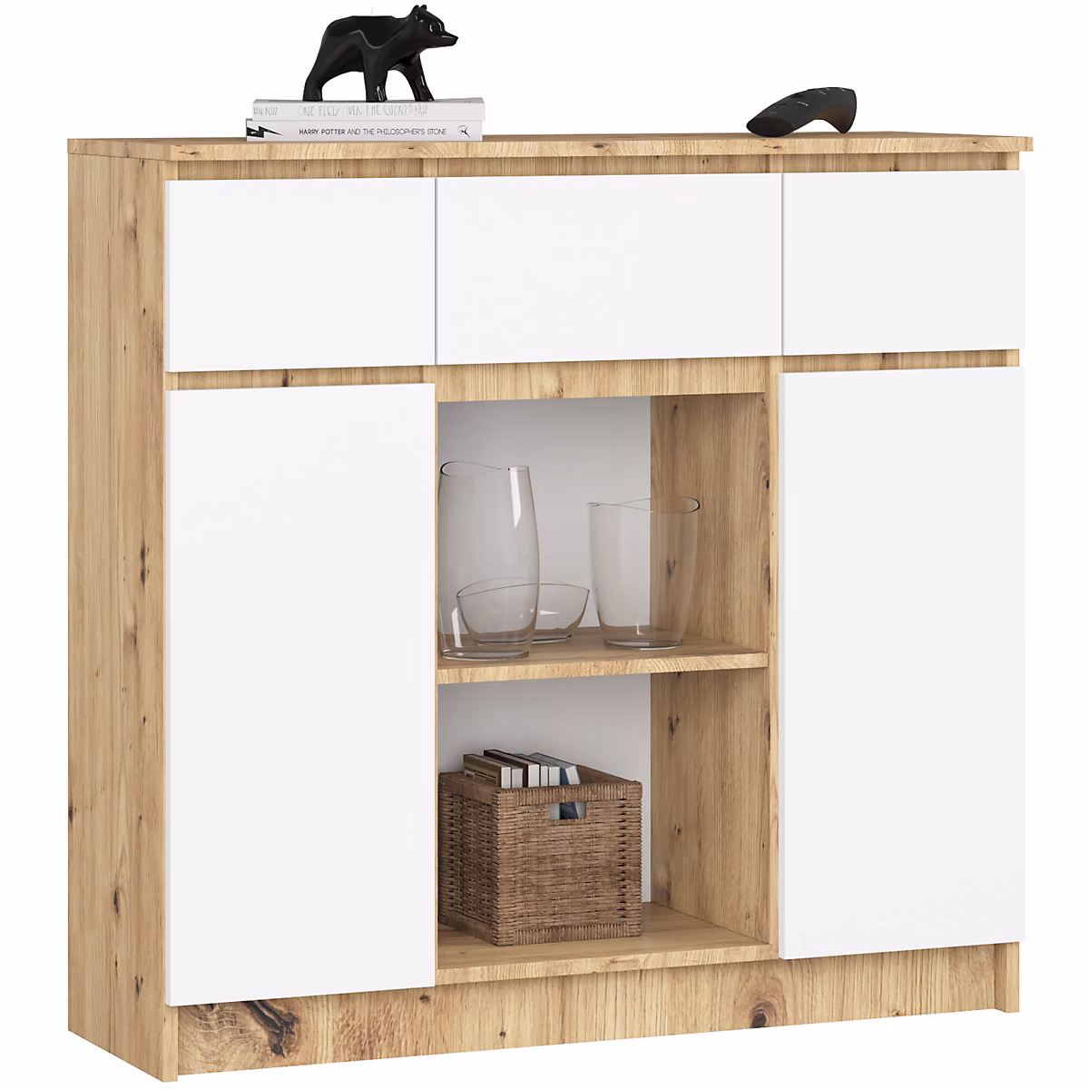 Commode AKORD K100 Chêne Artisan 101 cm 2 portes 3 tiroirs façade Blanche 6 étagères 101 × 35 × 98 cm