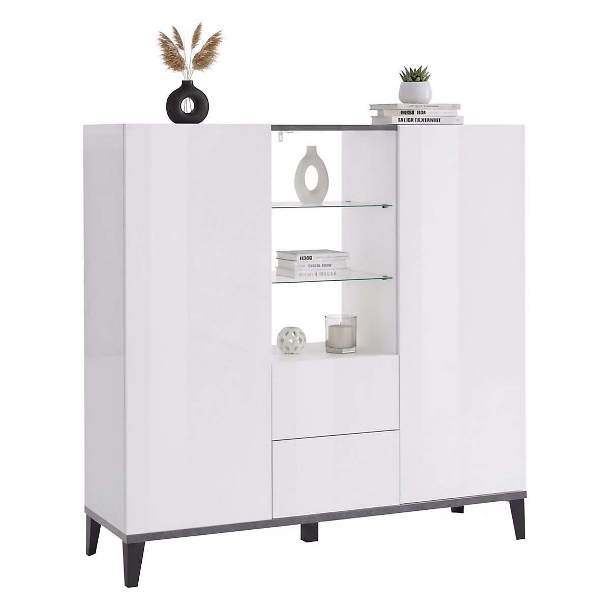 Buffet Dla – Buffet de cuisine avec 2 portes et 2 tiroirs, Buffet de salon, 120 × 40h133 cm, Blanc brillant et ardoise