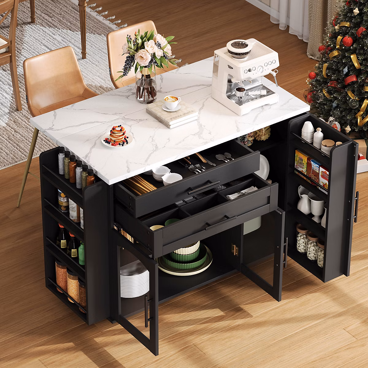 Îlot de Cuisine Mobile avec 5 Roulettes et Étagères – Tiroirs, Meuble de Cuisine avec Travail Pliable, Rangement Pratique, Noir