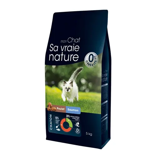 Croquettes sans céréales pour chaton au poulet et au saumon Sa Vraie Nature - 5 kg