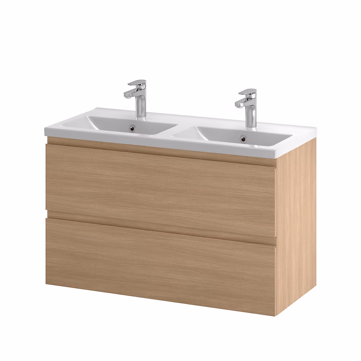 Meuble sous vasque suspendu effet chêne clair l.100 cm 2 tiroirs Imandra + plan double vasque blanc céramique Nira – GoodHome