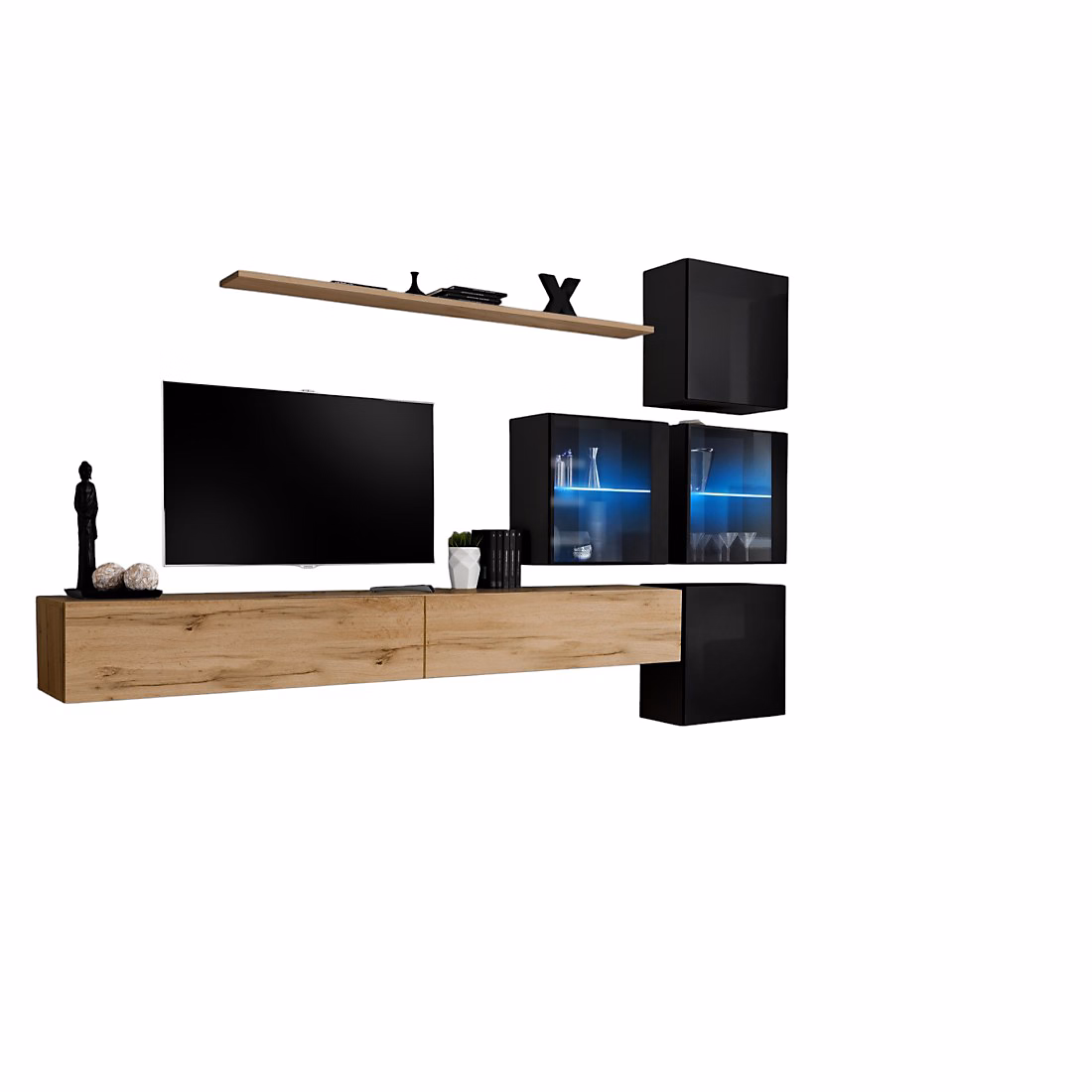 Composition murale SWITCH XIX Double meuble TV – cubes, cubes vitrés LED et étagère Chene Wotan et noir brillant