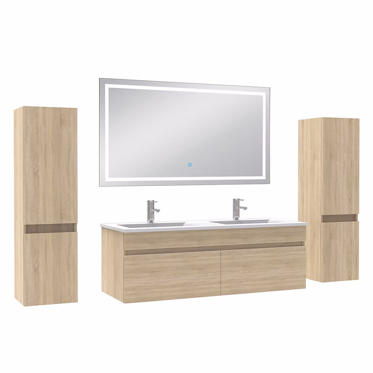 Ensemble meuble de salle de bains – Ensemble meubles Salle de Bain 120cm avec colonne + miroir lumineux 3 couleurs Chêne Wotan