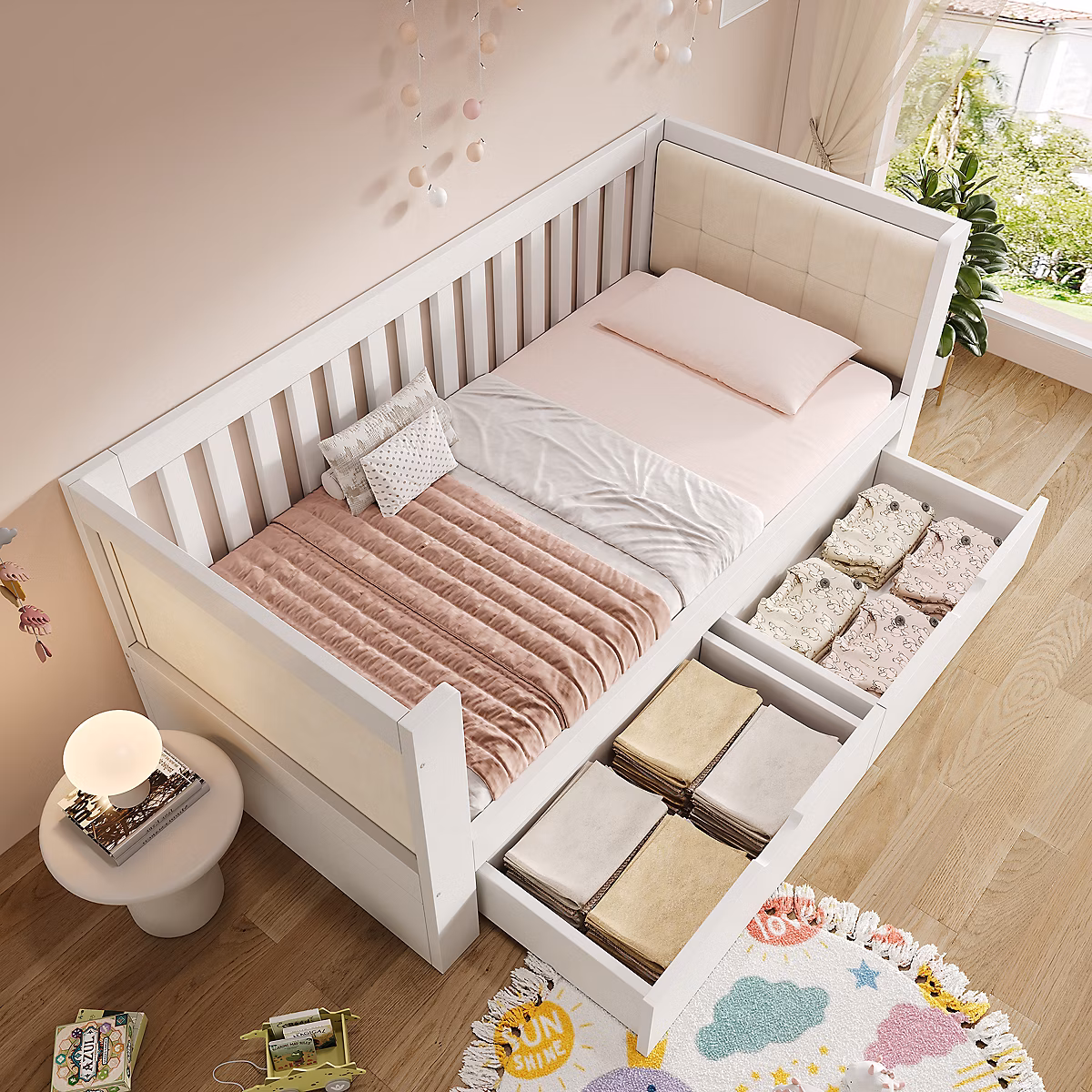 Canapé – lit 90 × 200cm | avec 2 tiroirs | dossier rembourré | avec sommier à lattes | blanc (matelas non inclus)