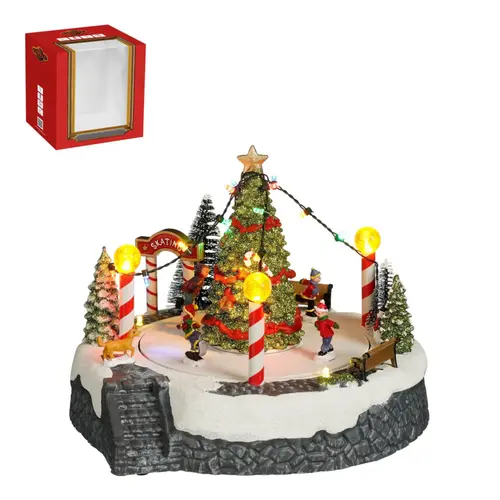 Scène avec grand sapin de Noël lumineux sur piles - 22 x 18,5 cm