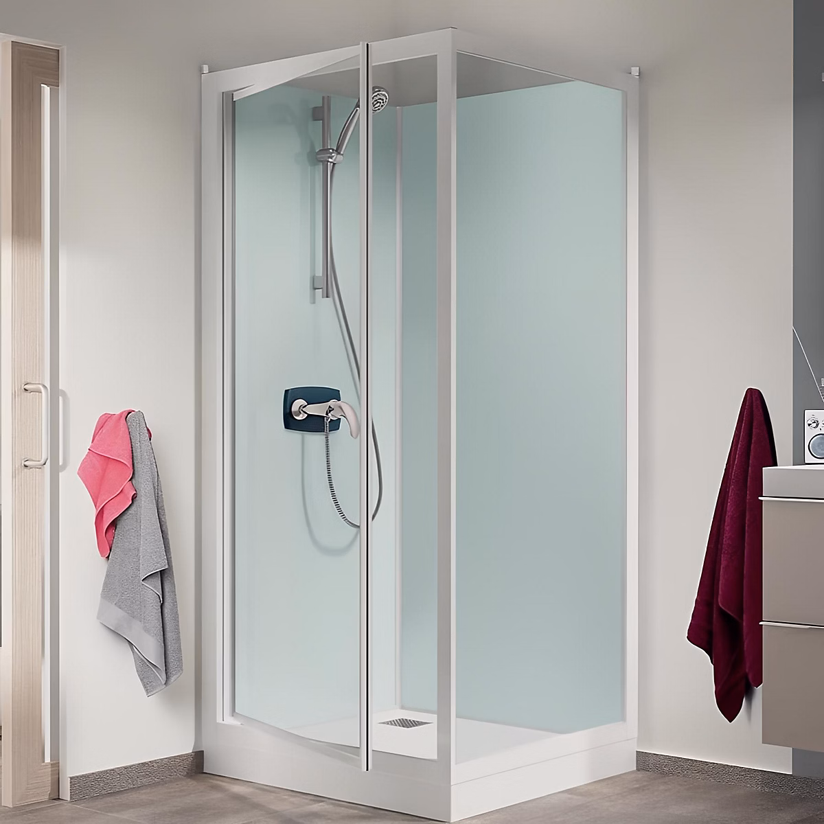 Porte de douche – Cabine de douche d'angle KINEDO GLASS 120x90 hauteur receveur 18cm 1 porte pivotante avec mitigeurfabriqué en France