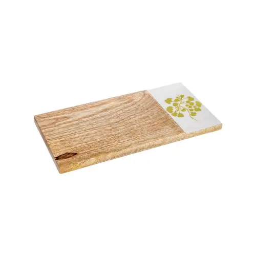 Petite planche à découper en bois de manguier et décor fleuri blanc/vert clair - 30 x 15 cm