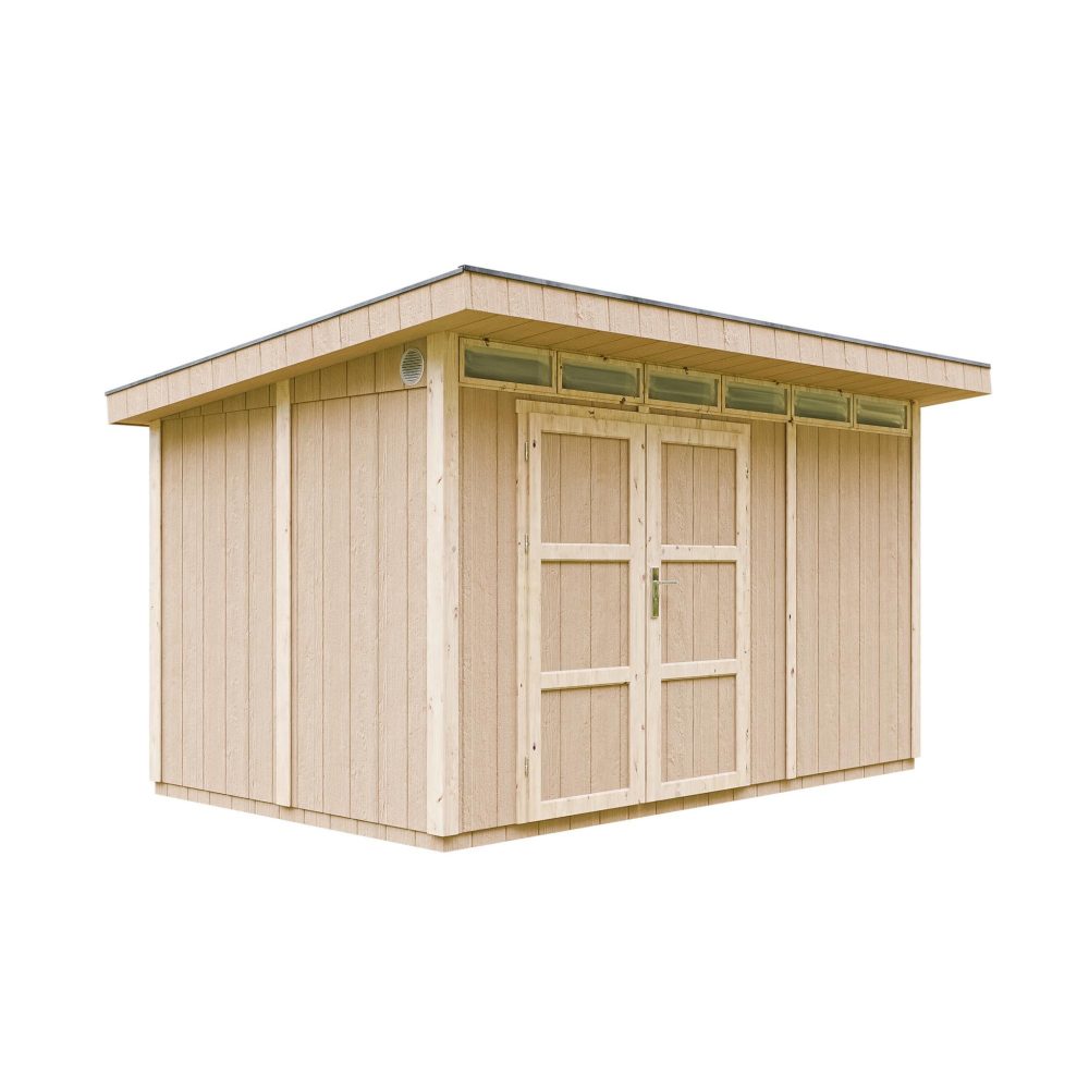 TIMBELA Abri de Jardin Qualité Premium 9m² L412xL279xH237 cm avec sol, bardeaux bitumineux M904A – 10 mm 236 cm