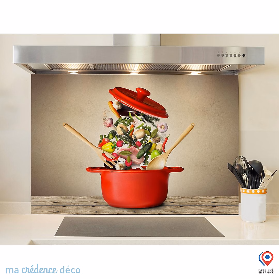 Crédence cuisine fond de hotte Marmite rouge et légumes – Verre trempé | L 90 cm x H 70 cm | MaCrédenceDéco