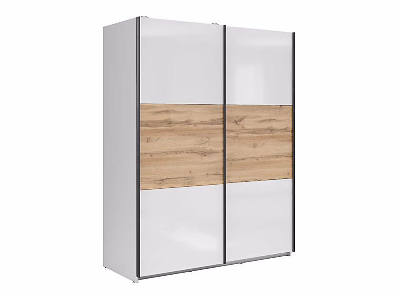 Armoire à 2 portes coulissante coloris Blanc brillant/Chêne wotan – Longueur 153, 5 x Profondeur 60 x Hauteur 195,5 cm
