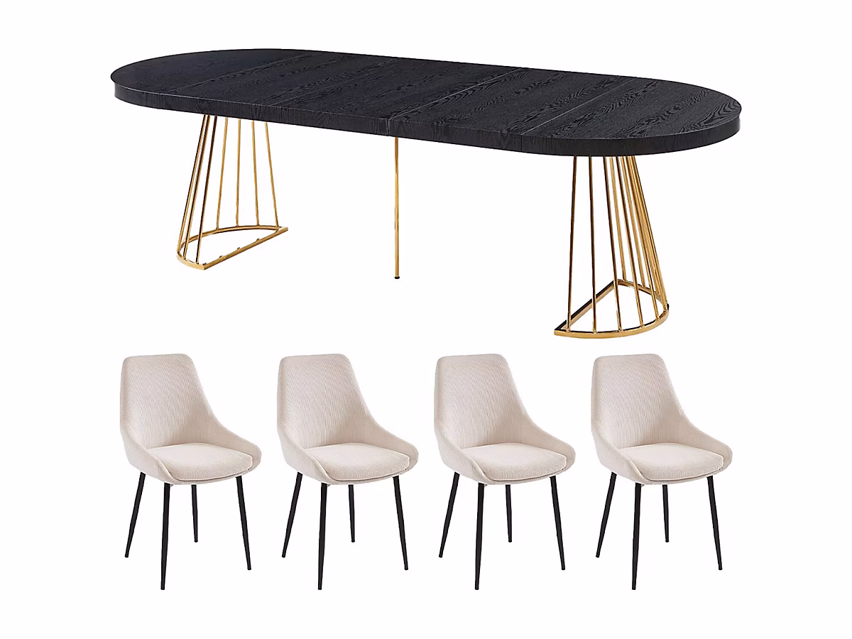 Ensemble table FIRELA + 4 chaises MASURIE – Noir et crème
