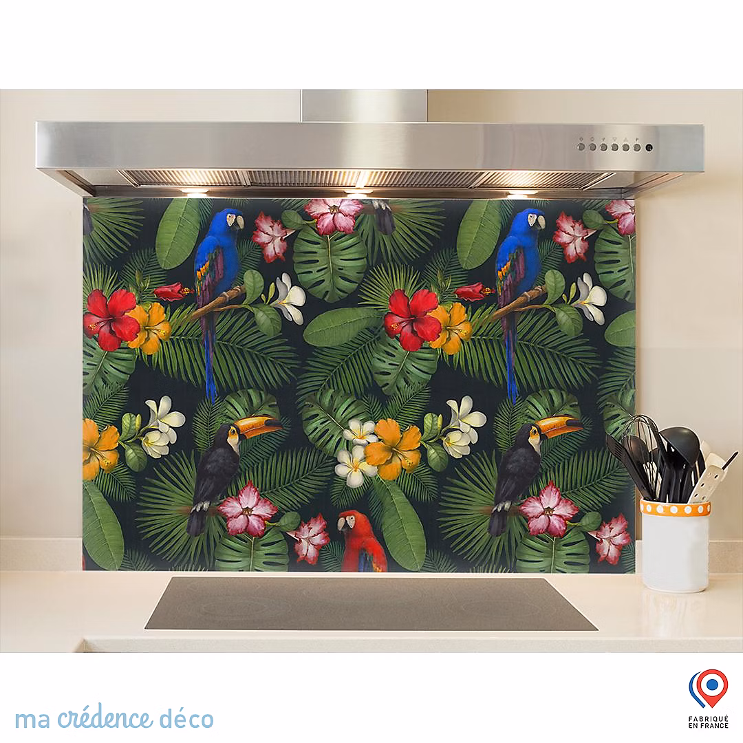 Crédence cuisine fond de hotte fleurs et feuilles tropicales – Verre trempé, L 90 cm x H 50 cm, MaCrédenceDéco