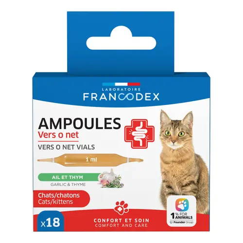 Ampoules confort intestinal pour chat et chaton ail et thym Francodex Vers O Net - x 18 de 1 ml