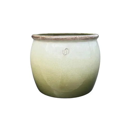 Pot cylindrique en métal recyclé coloris vert et beige Upcycle Bella - Ø 23 x H 19 cm