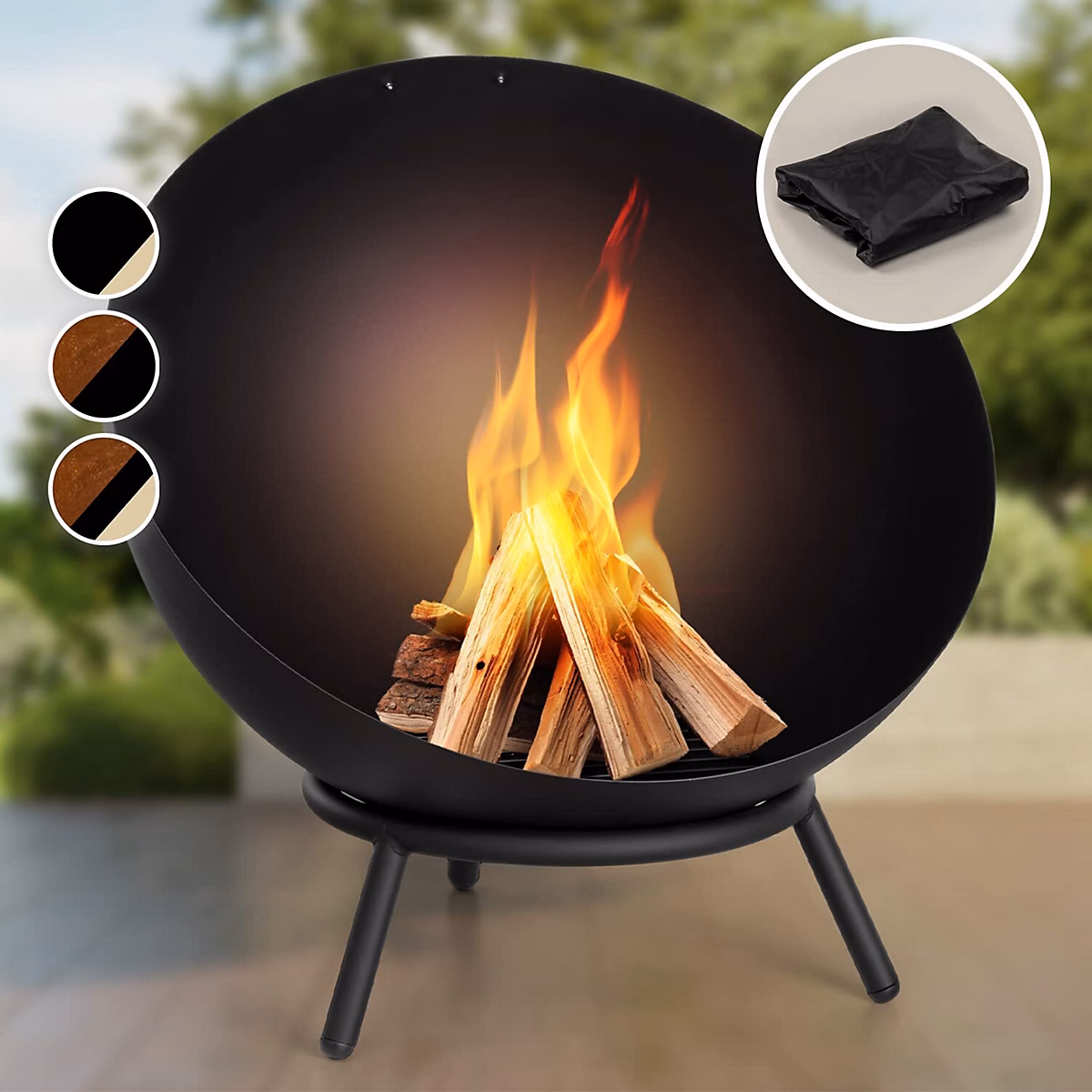 Brasero Portable avec Grille Bol en Acier Noir 66 × 66 cm