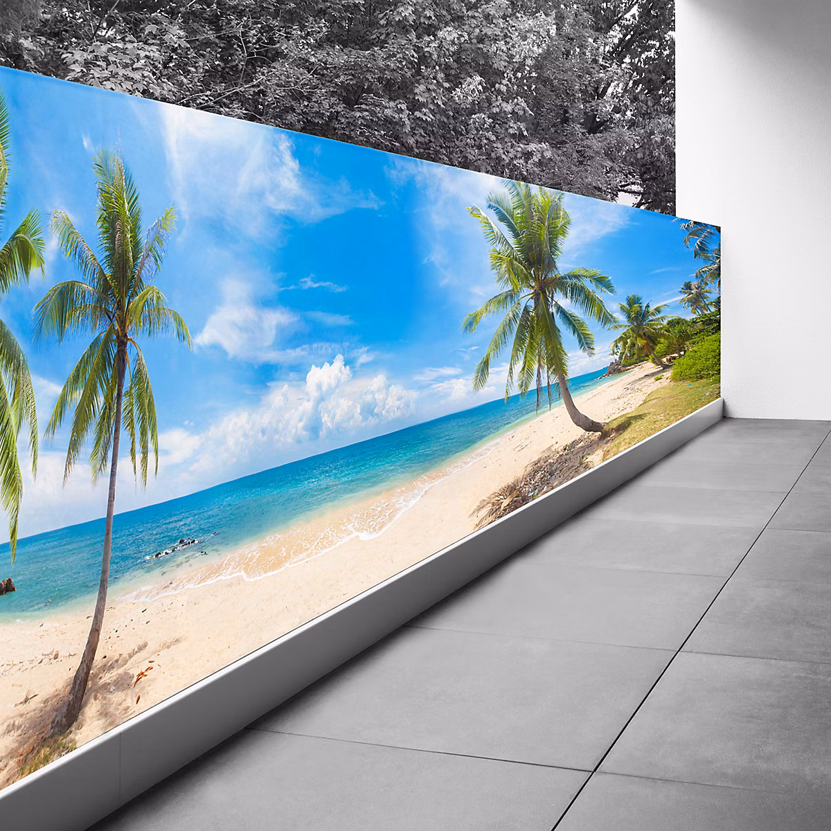 Brise vue Trompe l'oeil – 100 × 375 cm, Plage mer et palmiers 3617689696270