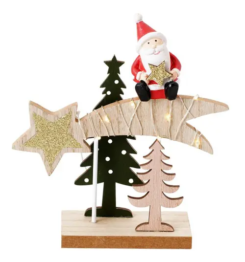 Centre de table en bois avec sapin vert, père Noël rouge et étoile filante avec LED - 14,5 x 5 x 15 cm