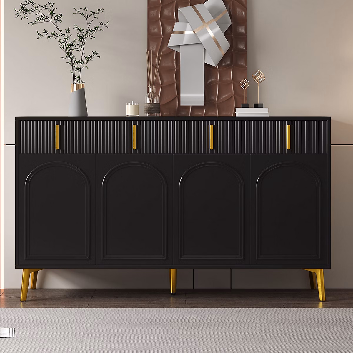Buffet 140 × 37.8 × 82cm – avec 4 portes, 4 tiroirs, poignées et pieds dorés, stratifié amovible, NOIR