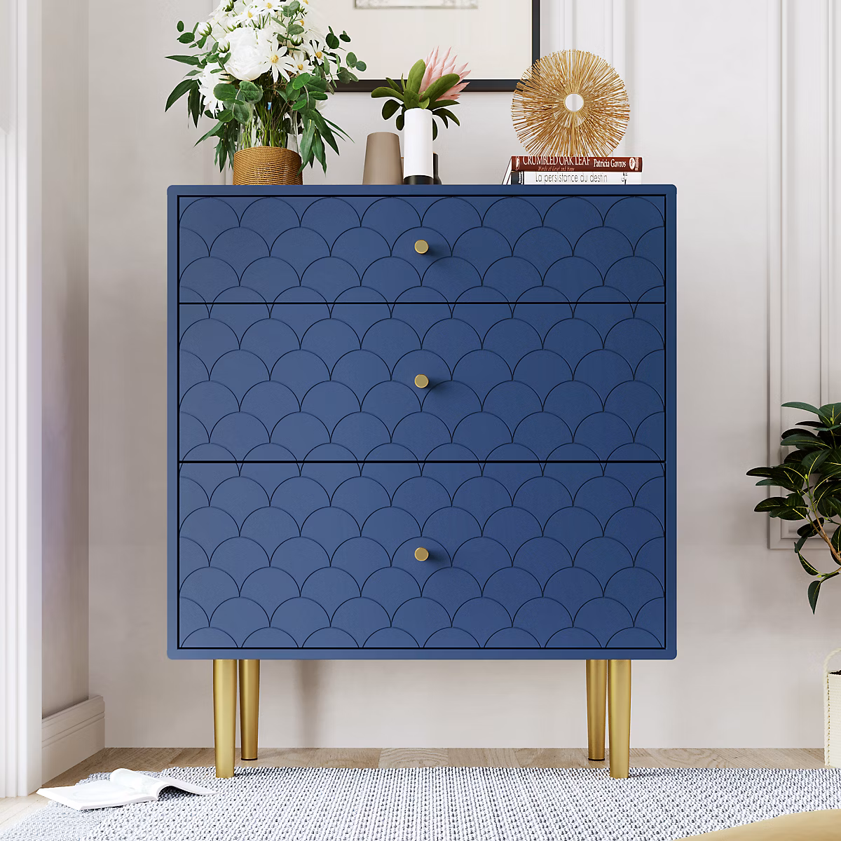 Commode 75 cm en bois marine avec 3 tiroirs et pieds métal champagne – Réf. UBYPRTBZQ6696785783