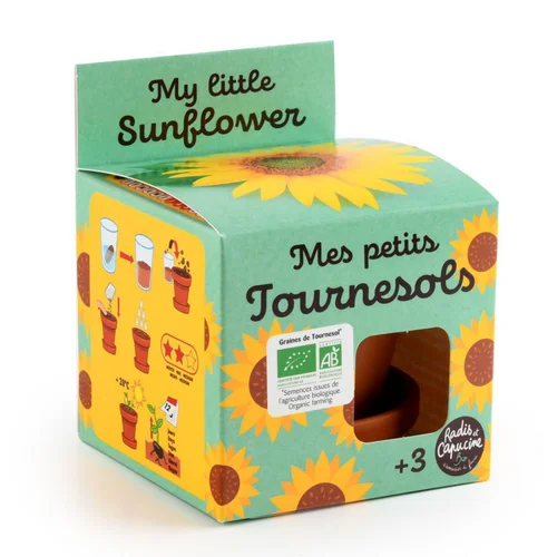 Kit prêt à pousser avec pot et coupelle Radis & Capucine Mes petits Tournesols bio – Ø 8 cm