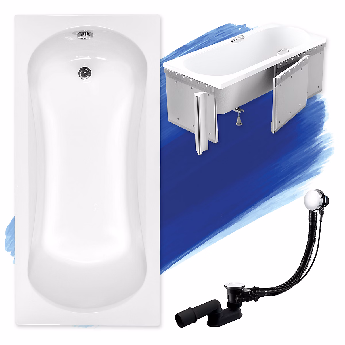Baignoire rectangulaire 170 × 70 ARIA acrylique blanc + Habillage en polystyrène + Pieds + Vidage à chromé