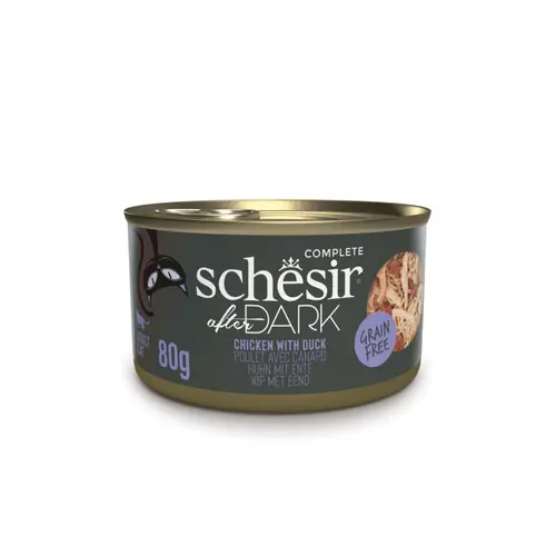 Alimentation humide pour chat filets en bouillon poulet avec canard Schesir After Dark - boîte de 80 g