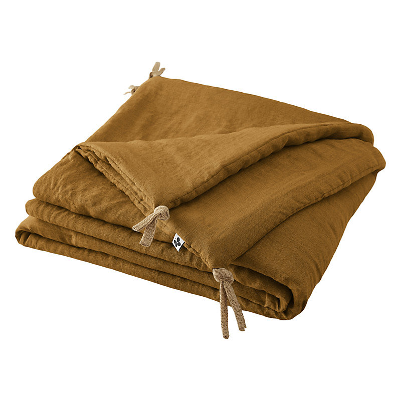 Édredon 90 × 200 cm lin lavé caramel avec 4 nouettes en jute – LUISA
