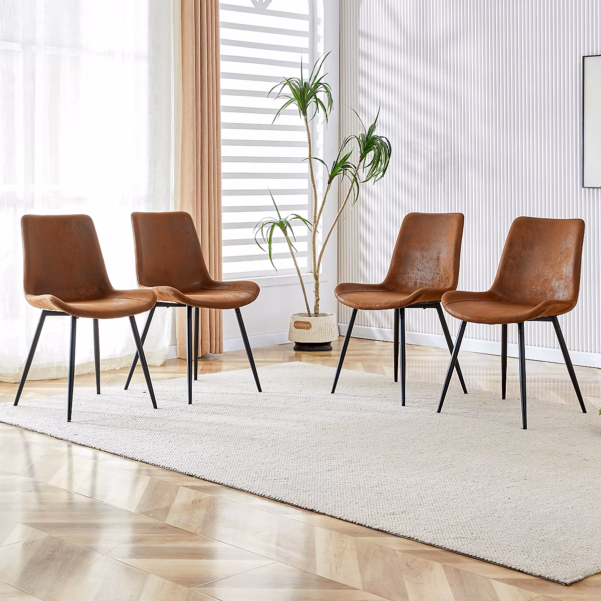 Ensemble 4 Chaises Modernes avec Assise Large et Pieds Métalliques – Tissu Technique Respirant | Marron + Noir