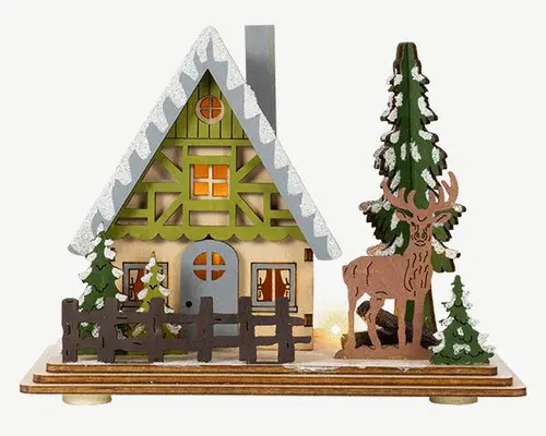 Scénette chalet en bois vert et marron avec renne à 2 LED blanc chaud sur piles - 16 x 9,5 x 12 cm