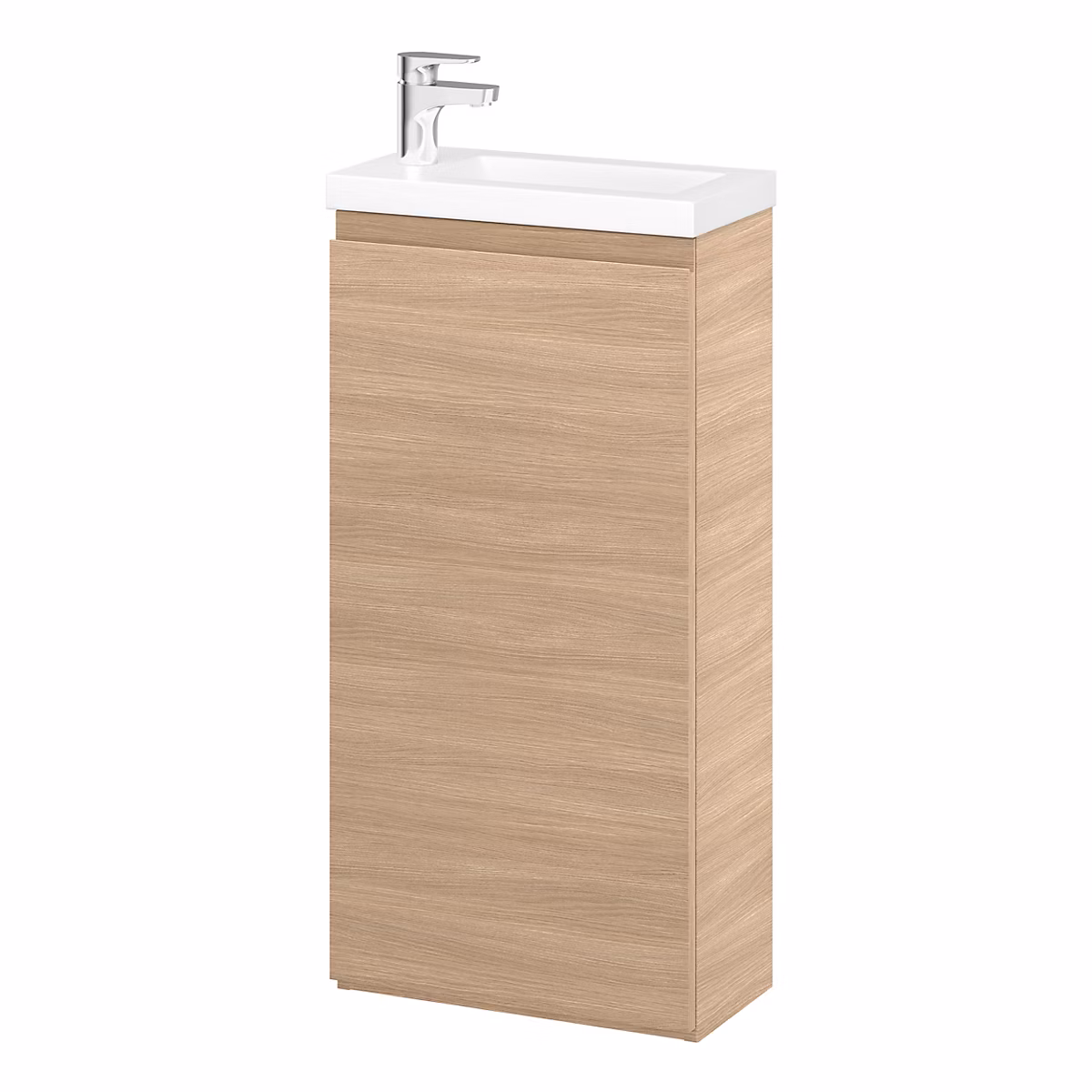 Meuble lave mains à poser effet chêne clair l.43 – 5 cm 1 porte Imandra + plan vasque blanc résine Beni, GoodHome