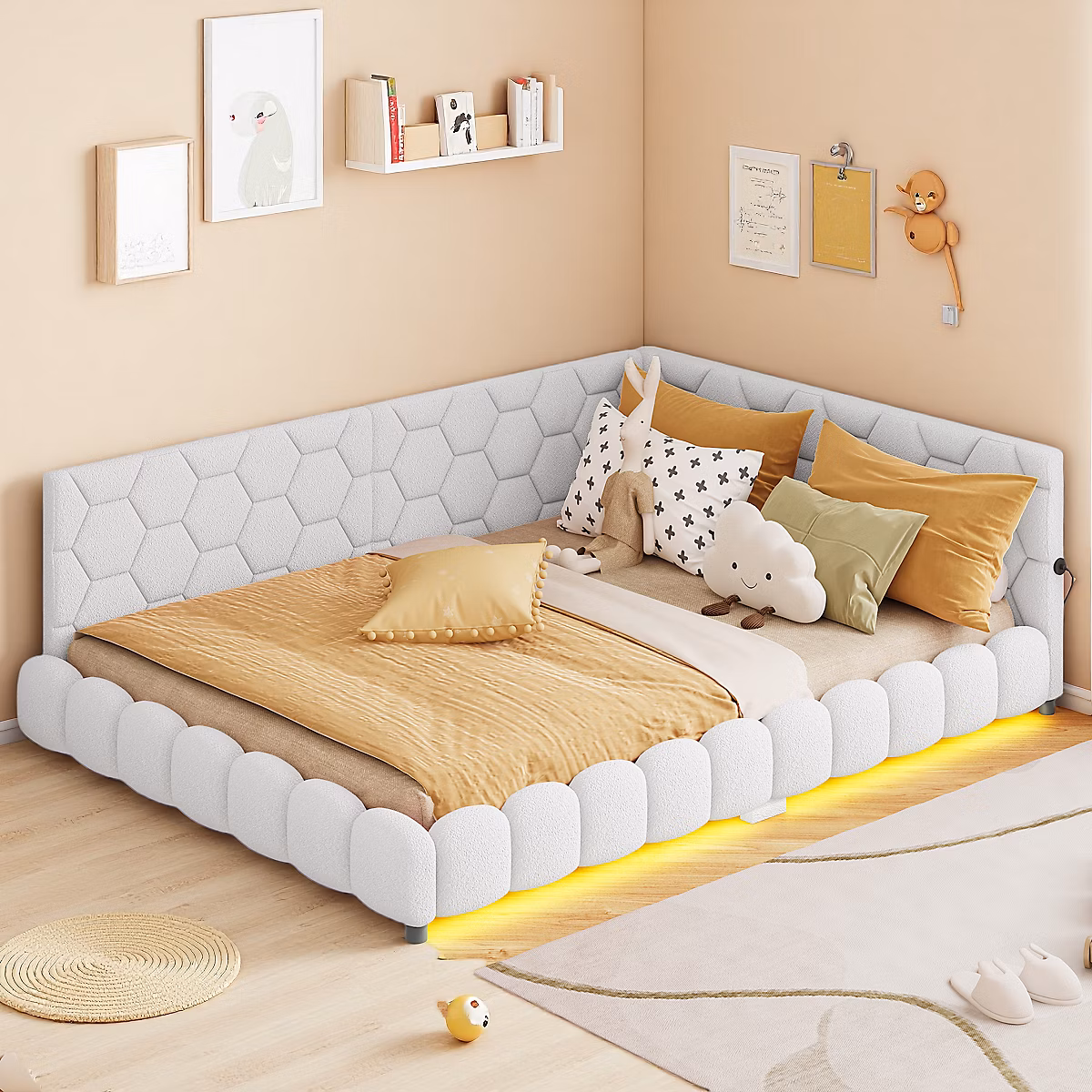 Canapé-lit 140 × 200cm – lumière ambiante 16 couleurs, port USB, blanc
