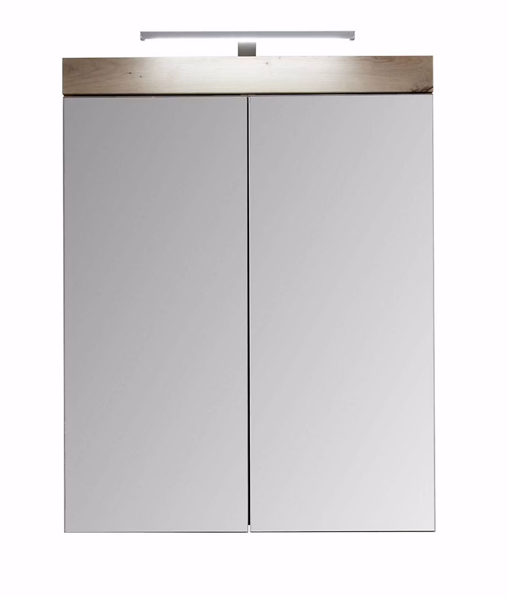 AMANDA – Armoire de toilette murale mélaminé avec bandeau lumineux blanc/chêne, 2 portes miroir. L, H, P : 60, 77, 17 cm